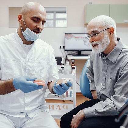 A patient consulting a dentist about implant denture treatment