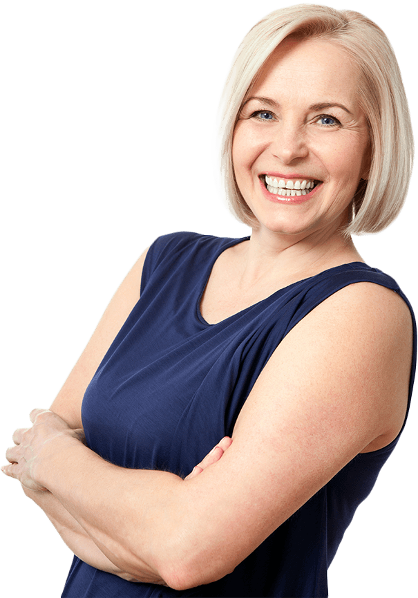 Woman in dark blue blouse grinning